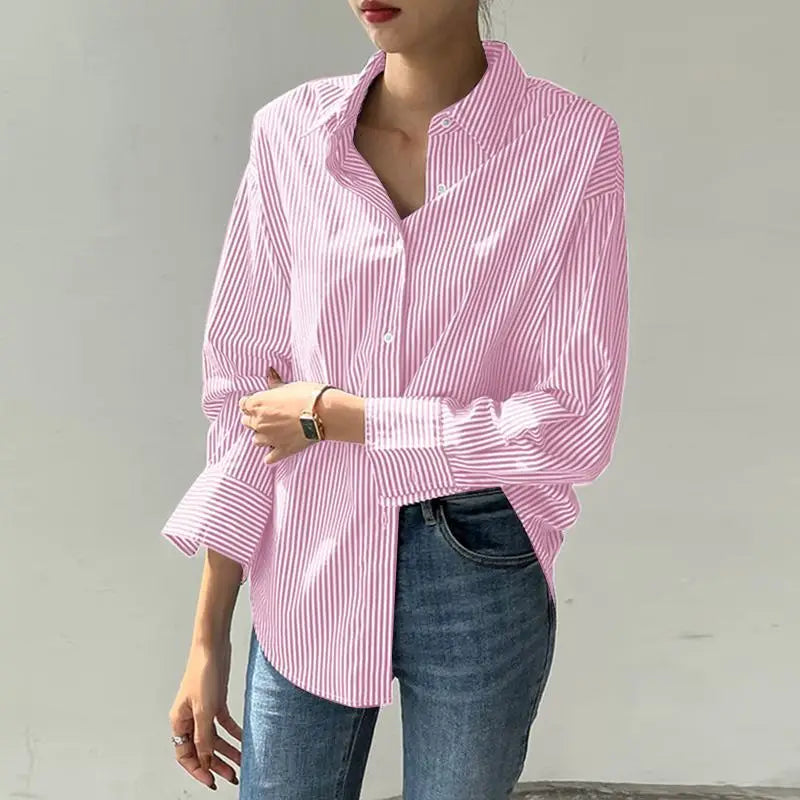 T-line Women Striped Blouse, Shirts, Loose, Long Sleeve,  Button Up,  Tops (2 weeks delivery)
