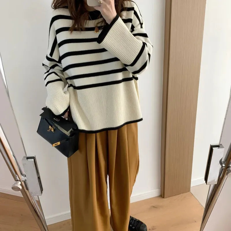 T-line Women Striped Loose Warm Sweater, O-Neck, Long Sleeve, Knitted Pullovers Casual Sweater For Women / Autumn Top (2 weeks delivery)