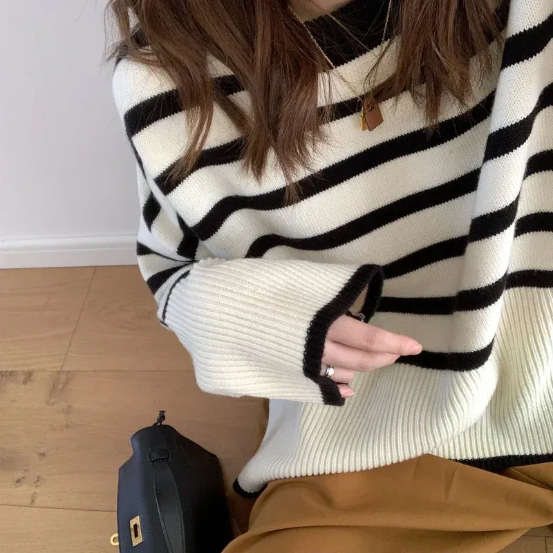 T-line Women Striped Loose Warm Sweater, O-Neck, Long Sleeve, Knitted Pullovers Casual Sweater For Women / Autumn Top (2 weeks delivery)