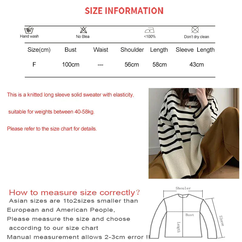 T-line Women Striped Loose Warm Sweater, O-Neck, Long Sleeve, Knitted Pullovers Casual Sweater For Women / Autumn Top (2 weeks delivery)