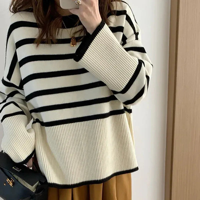T-line Women Striped Loose Warm Sweater, O-Neck, Long Sleeve, Knitted Pullovers Casual Sweater For Women / Autumn Top (2 weeks delivery)