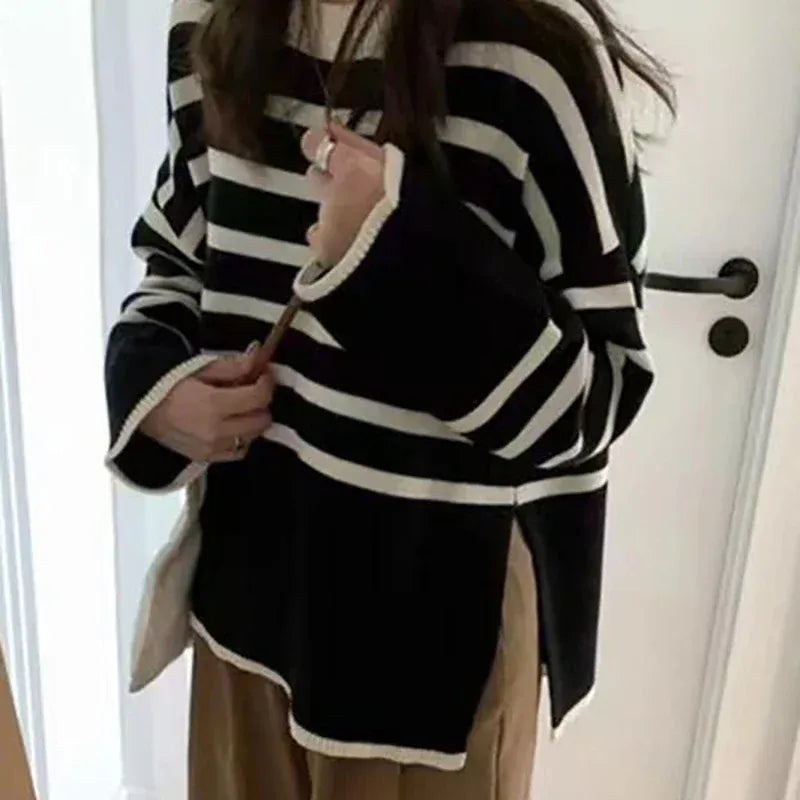 T-line Women Striped Loose Warm Sweater, O-Neck, Long Sleeve, Knitted Pullovers Casual Sweater For Women / Autumn Top (2 weeks delivery)