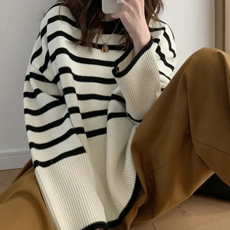 T-line Women Striped Loose Warm Sweater, O-Neck, Long Sleeve, Knitted Pullovers Casual Sweater For Women / Autumn Top (2 weeks delivery)