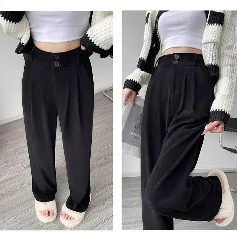 T-line Women  Suit Pants,  Wide Straight Leg, Double Button, Trouser, High Waist  (2 WEEKS DELIVERY)