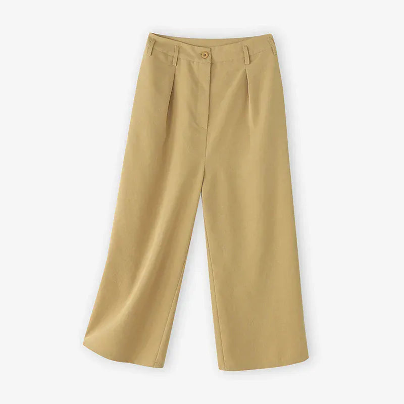 T-line Women  Trousers, Summer High Waist Calf-Length Pants, Solid color,  Pockets Wide Leg(2 weeks delivery)