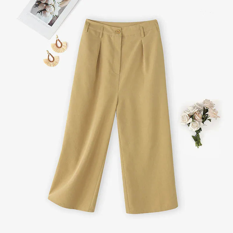T-line Women  Trousers, Summer High Waist Calf-Length Pants, Solid color,  Pockets Wide Leg(2 weeks delivery)