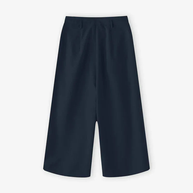 T-line Women  Trousers, Summer High Waist Calf-Length Pants, Solid color,  Pockets Wide Leg(2 weeks delivery)