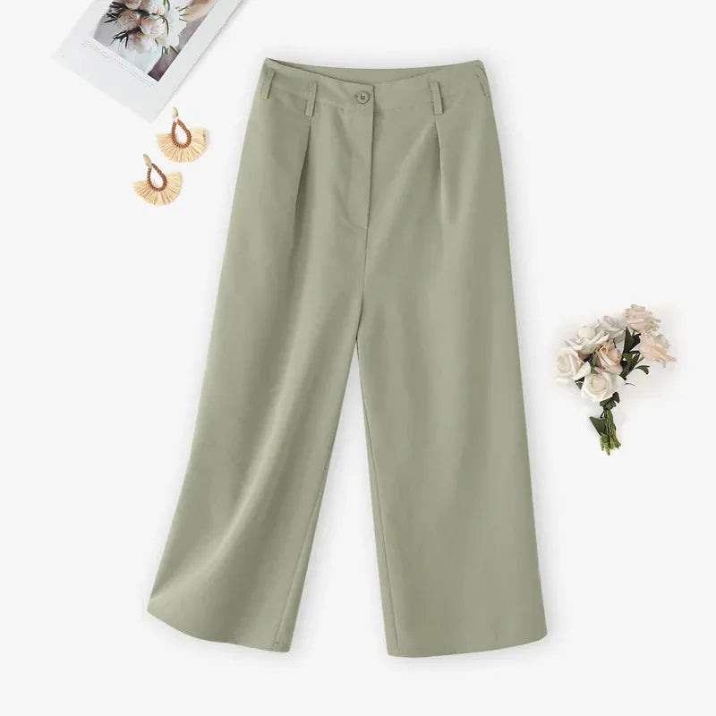T-line Women  Trousers, Summer High Waist Calf-Length Pants, Solid color,  Pockets Wide Leg(2 weeks delivery)