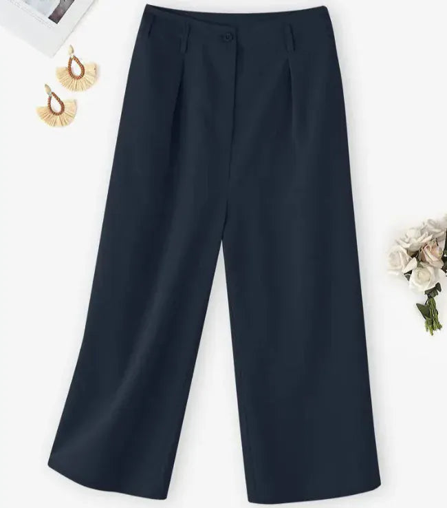 T-line Women  Trousers, Summer High Waist Calf-Length Pants, Solid color,  Pockets Wide Leg(2 weeks delivery)