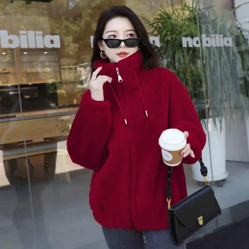 T-line Women Winter Double  Fleece Warm Coat, Thick Overcoat Female, Long Sleeve Zipper Clothes(2 weeks delivery)