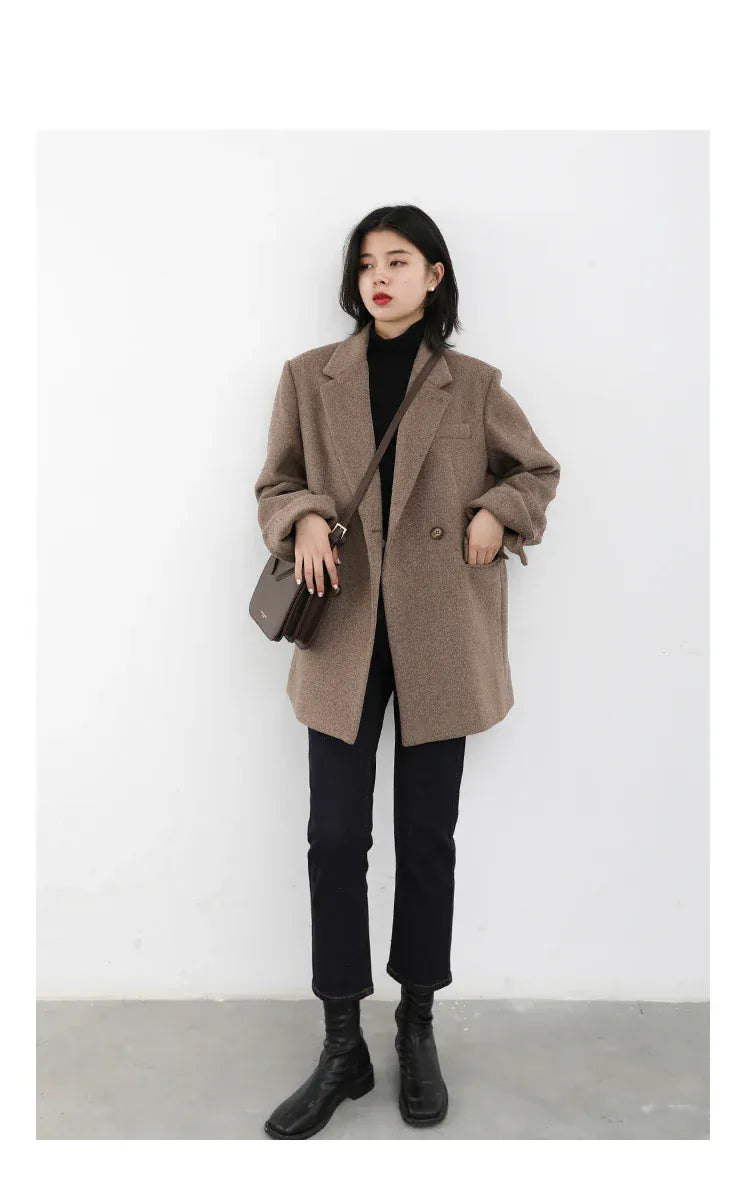 T-line Women Wool Blend Coat, Solid, Mid Long, Woolen Blazer, ,Overcoat , Autumn Winter(2 weeks delivery)