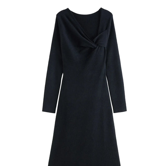 T-line Wool Black,  Knit, Dress For Women, Winter  Black  Long Dress  (2 weeks delivery)