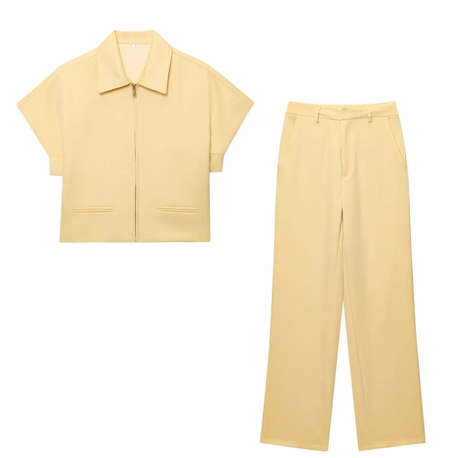 T-line Yellow set / M Set For Women  Zipper Short Sleeve Coat Top , Wide Leg Pants Two Piece suit (5 - 10  work days free delivery)