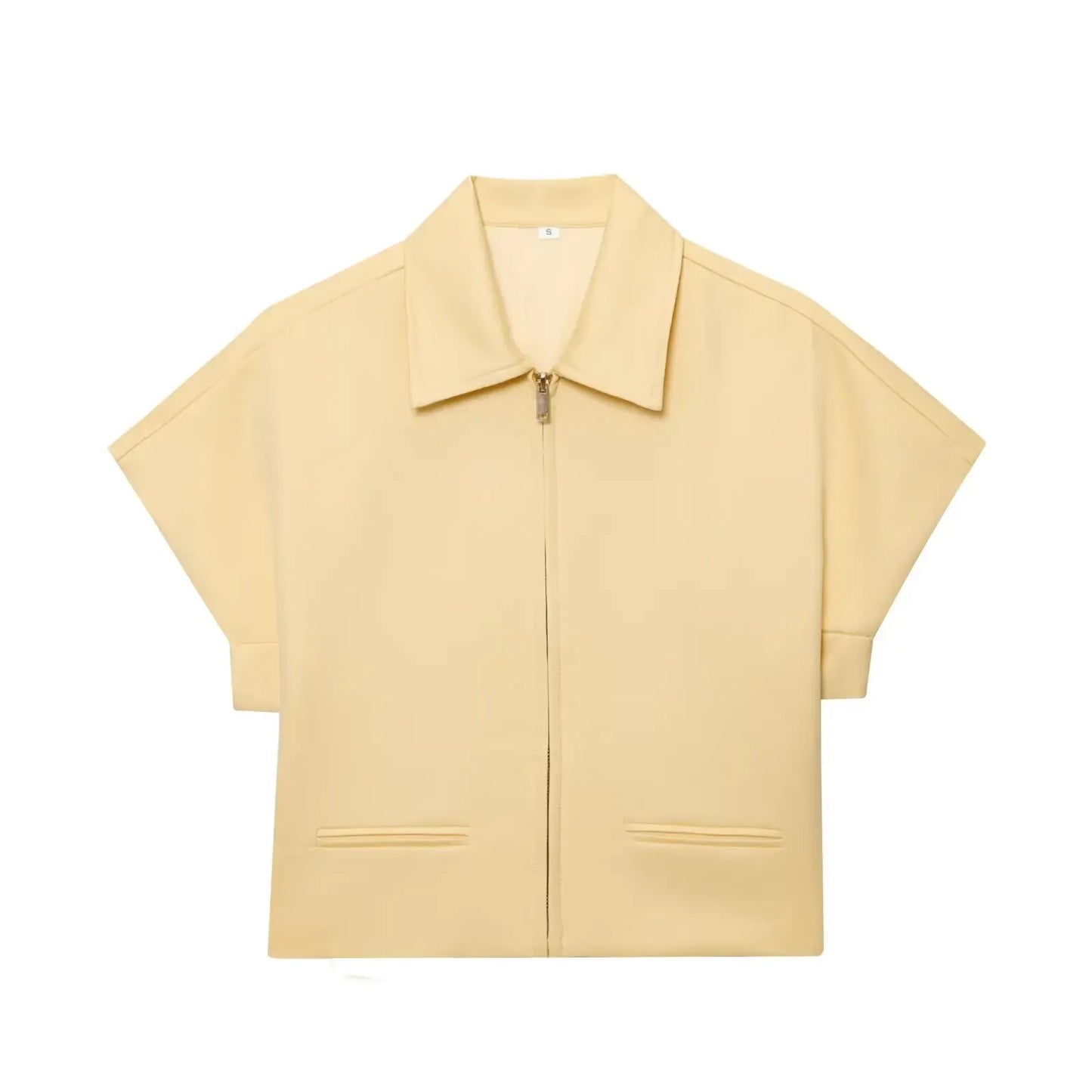 T-line Yellow Top / M Set For Women  Zipper Short Sleeve Coat Top , Wide Leg Pants Two Piece suit (5 - 10  work days free delivery)