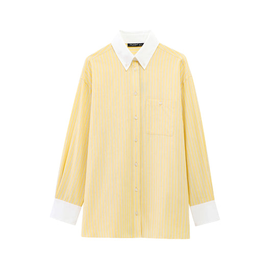 T-line Yellow / XS Women  Yellow Shirt, Striped, Lapel Buttons, Loose Shirt, blouse (2 weeks delivery)