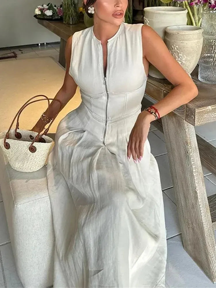 T-line Zipper Long Dress, Woman Sleeveless  Dress, Summer,Midi Dresses (2 weeks delivery)