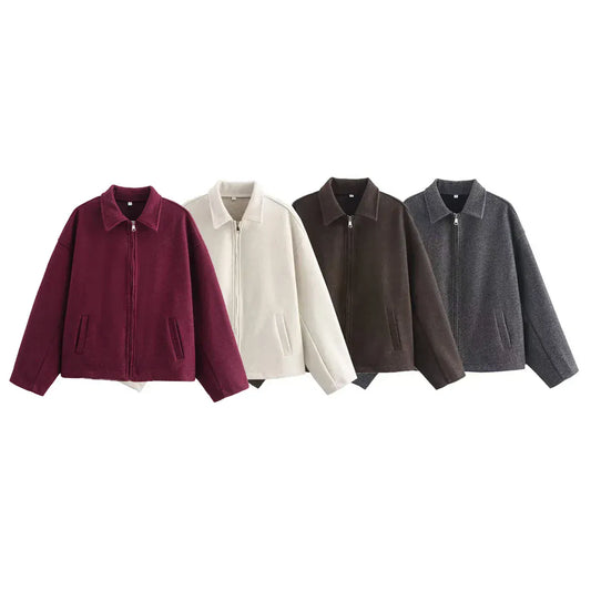 T-line Zipper Woolen Jacket For Women ,Long Sleeve ,Short Coats  Autumn (2 weeks delivery)